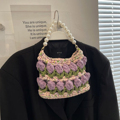 Sacs à main en crochet tissé et tricoté à l' épaule et à la bague pour femmes