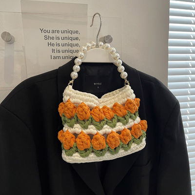 Sacs à main en crochet tissé et tricoté à l' épaule et à la bague pour femmes