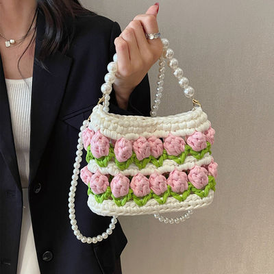 Sacs à main en crochet tissé et tricoté à l' épaule et à la bague pour femmes