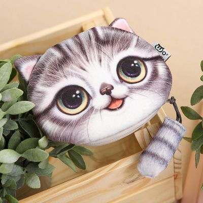 Sac de maquillage en peluche de couleur personnalisé avec sac à monnaie 3D pour chat et fermeture à glissière pour queue d'impression animale