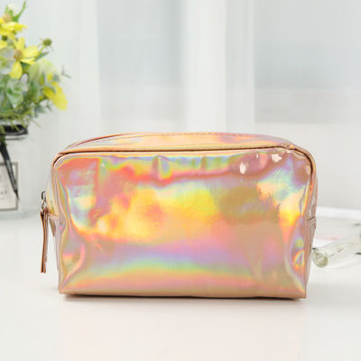 Sac cosmétique en PU Logo personnalisé Holographique argent violet imperméable Fermeture à glissière Sac rose or sac de maquillage mode