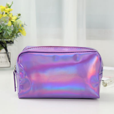 Sac cosmétique en PU Logo personnalisé Holographique argent violet imperméable Fermeture à glissière Sac rose or sac de maquillage mode