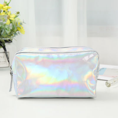 Sac cosmétique en PU Logo personnalisé Holographique argent violet imperméable Fermeture à glissière Sac rose or sac de maquillage mode