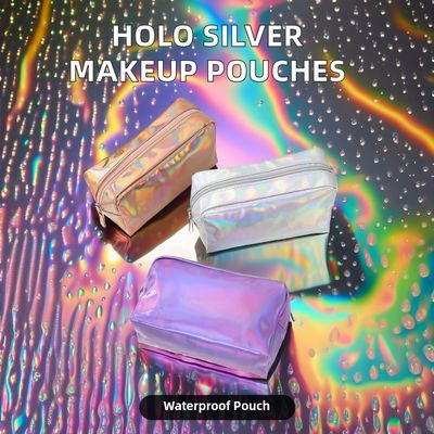 Sac cosmétique en PU Logo personnalisé Holographique argent violet imperméable Fermeture à glissière Sac rose or sac de maquillage mode