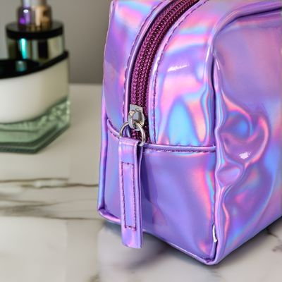 Sac cosmétique en PU Logo personnalisé Holographique argent violet imperméable Fermeture à glissière Sac rose or sac de maquillage mode