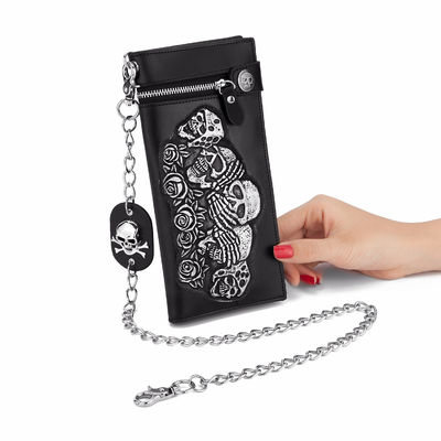 Crâne de rose à la mode Chaîne anti-vol bande courte et longue portefeuille Portefeuille punk en cuir