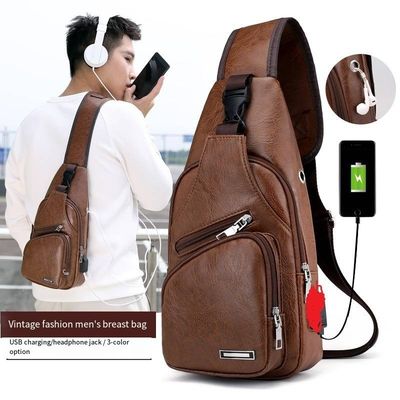 Taille personnalisée Nouveau sac à poitrine en cuir en PU pour hommes à la mode avec port de charge USB