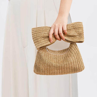 Sac à main personnalisé pour femmes, paille en forme d'arc tissé, sac à main en forme de raffia, sac à main en forme d'embrayage.