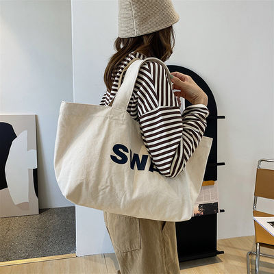 Sac à main en toile de grande taille, en coton, à poche et fermeture à glissière