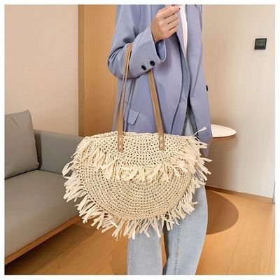 Acceptable OEM/ODM Sacs à épaule en paille à franges semi-circulaires d'été pour plage artisanale