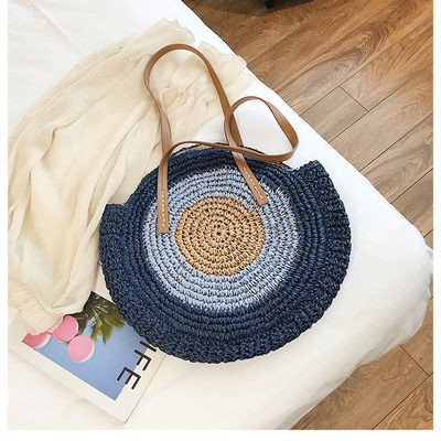 2022 Sac à main rond tissé à la plage Sac à paille avec poignée en cuir et logo personnalisé