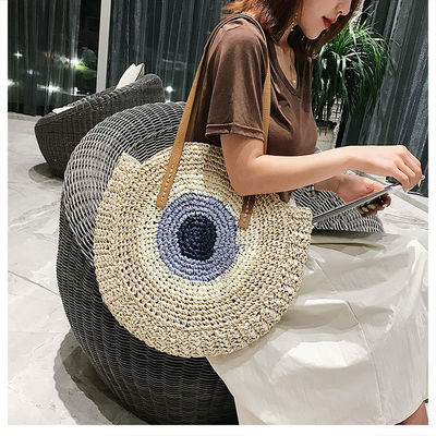 2022 Sac à main rond tissé à la plage Sac à paille avec poignée en cuir et logo personnalisé