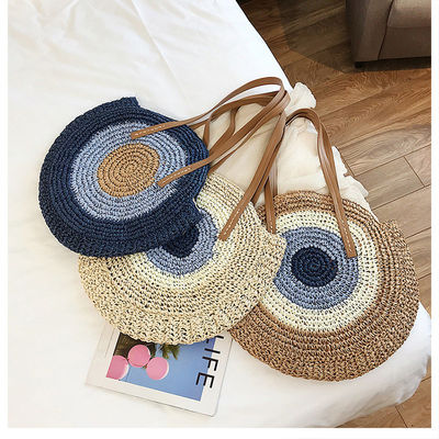 2022 Sac à main rond tissé à la plage Sac à paille avec poignée en cuir et logo personnalisé
