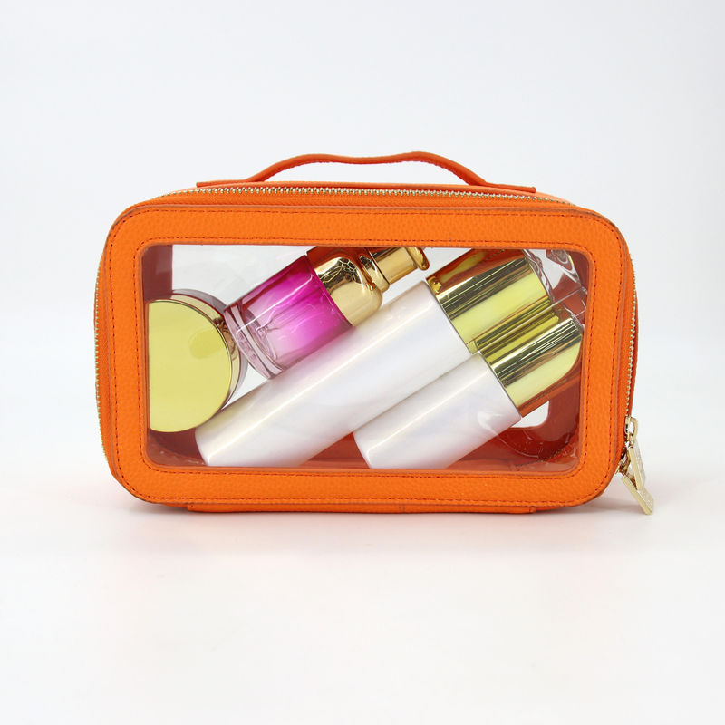 Petit sac de toilette en cuir en PU imperméable à l'eau avec boîtier de maquillage en PVC de couleur personnalisée