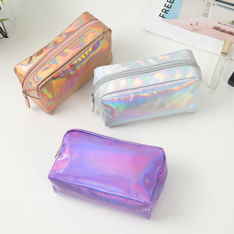 Sac cosmétique en PU Logo personnalisé Holographique argent violet imperméable Fermeture à glissière Sac rose or sac de maquillage mode