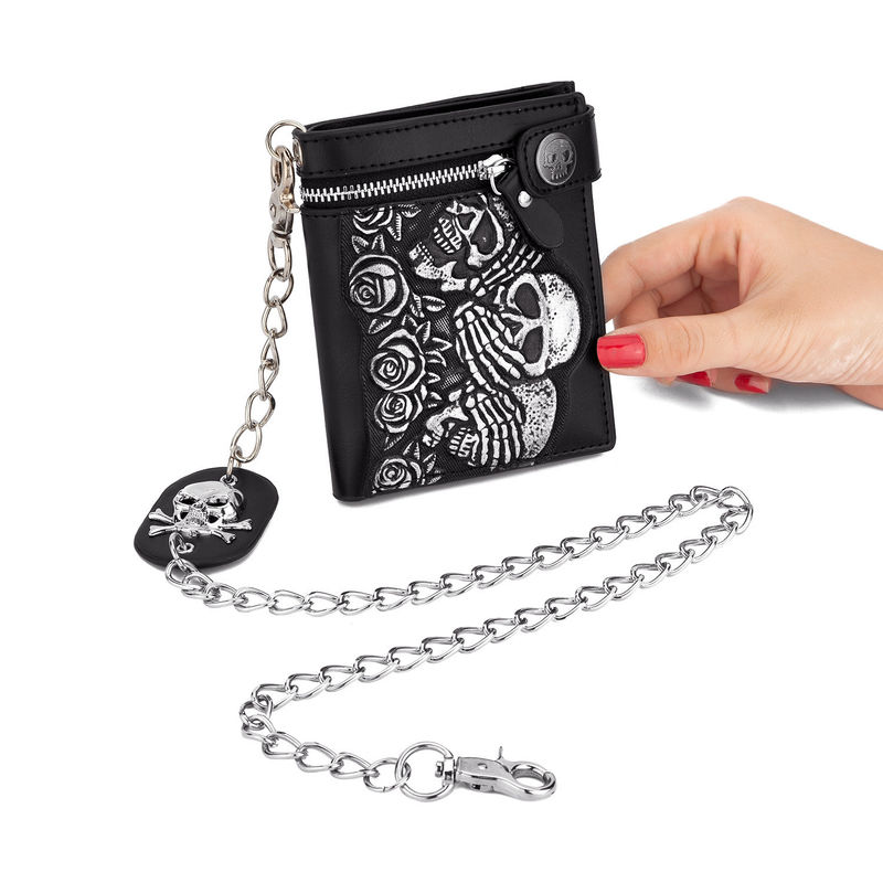 Crâne de rose à la mode Chaîne anti-vol bande courte et longue portefeuille Portefeuille punk en cuir