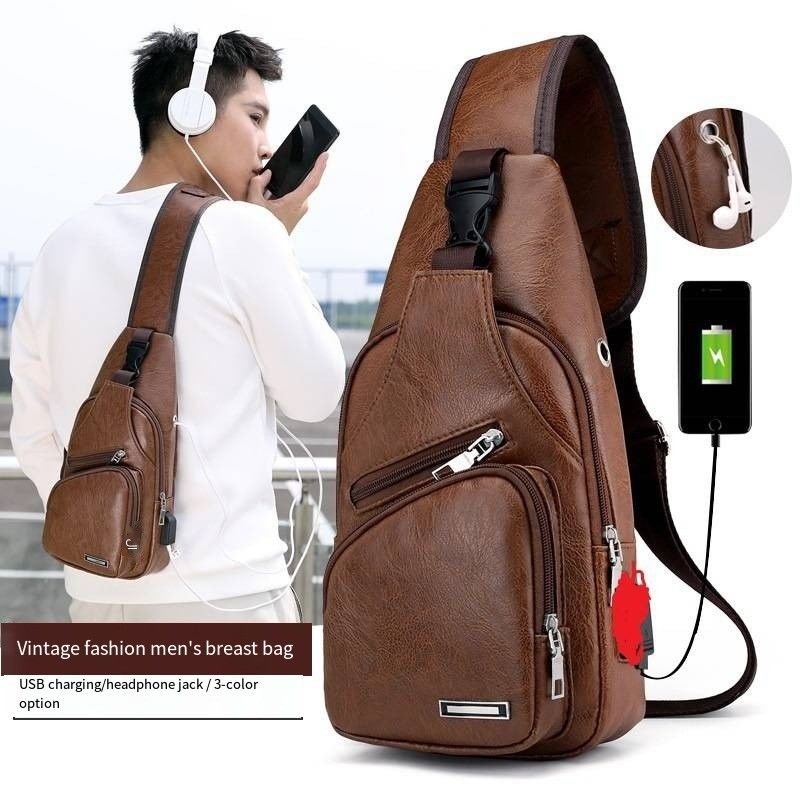 Taille personnalisée Nouveau sac à poitrine en cuir en PU pour hommes à la mode avec port de charge USB