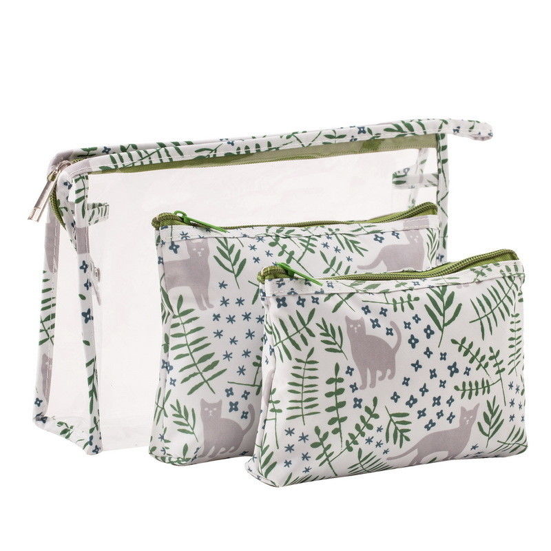 Acceptable OEM/ODM Sac de rangement transparent en PVC à trois pièces à la mode pour les articles de toilette