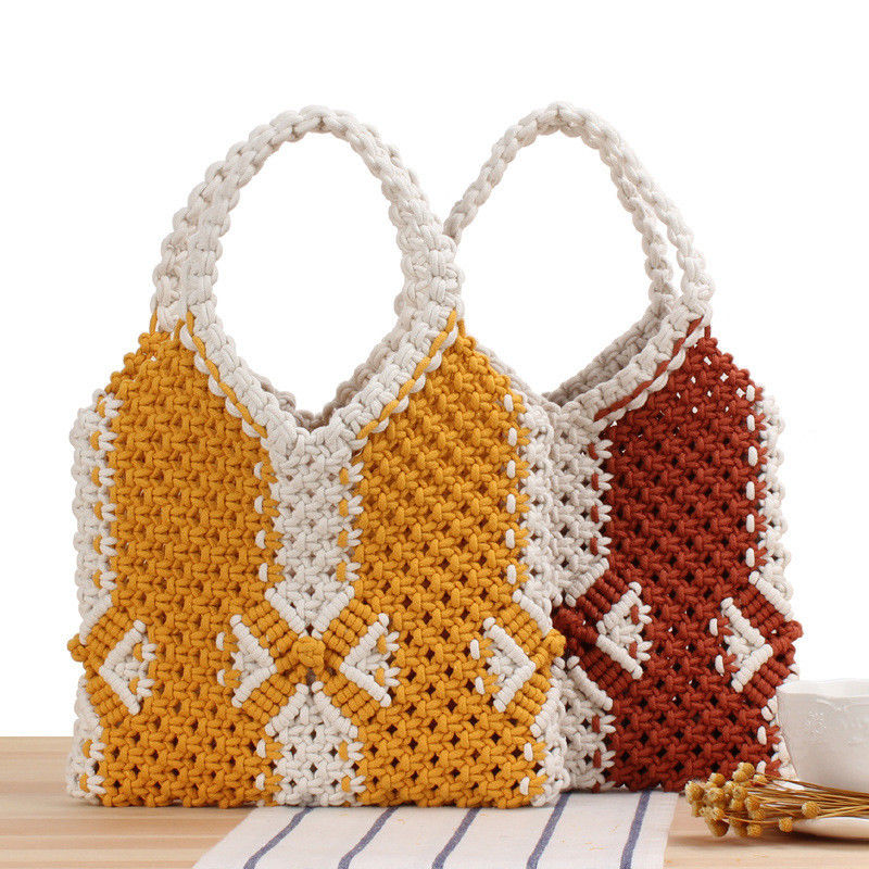 Sac à main de plage en paille d'été en polyester pour femmes Sac à main en tissu bohème tricoté