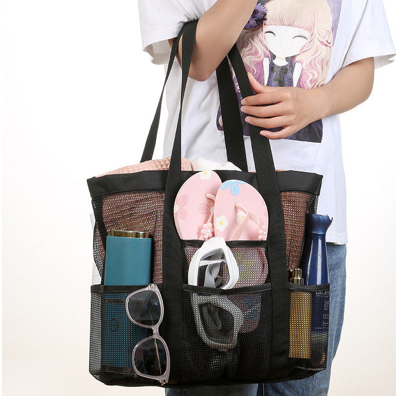 Logo personnalisé Black Shell Collection Large Nylon Portable Mesh Beach Tote Bag pour les femmes