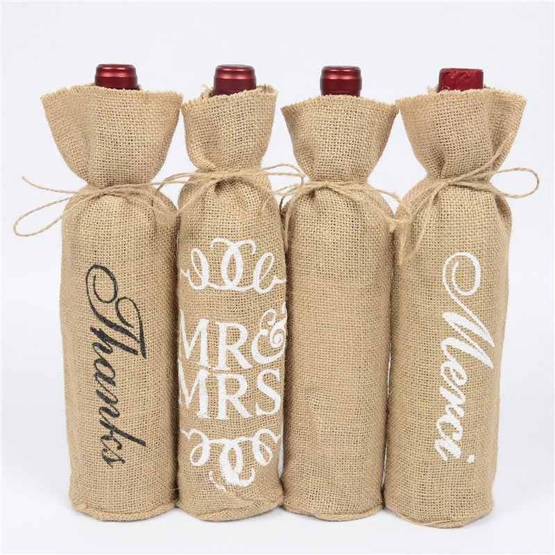 Bouteille de vin de jute couvre avec des cordons de dessin Sacs cadeaux de vin réutilisables en couleur personnalisée